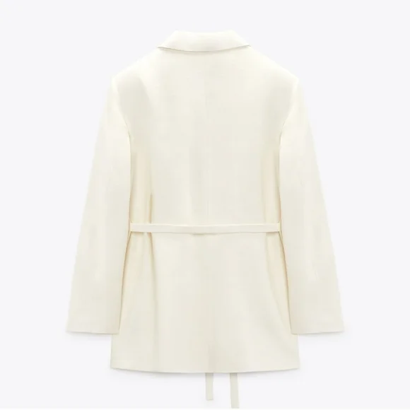 Zara Ecru Linen Blend Belted One Button Blazer - Picture 4 of 16